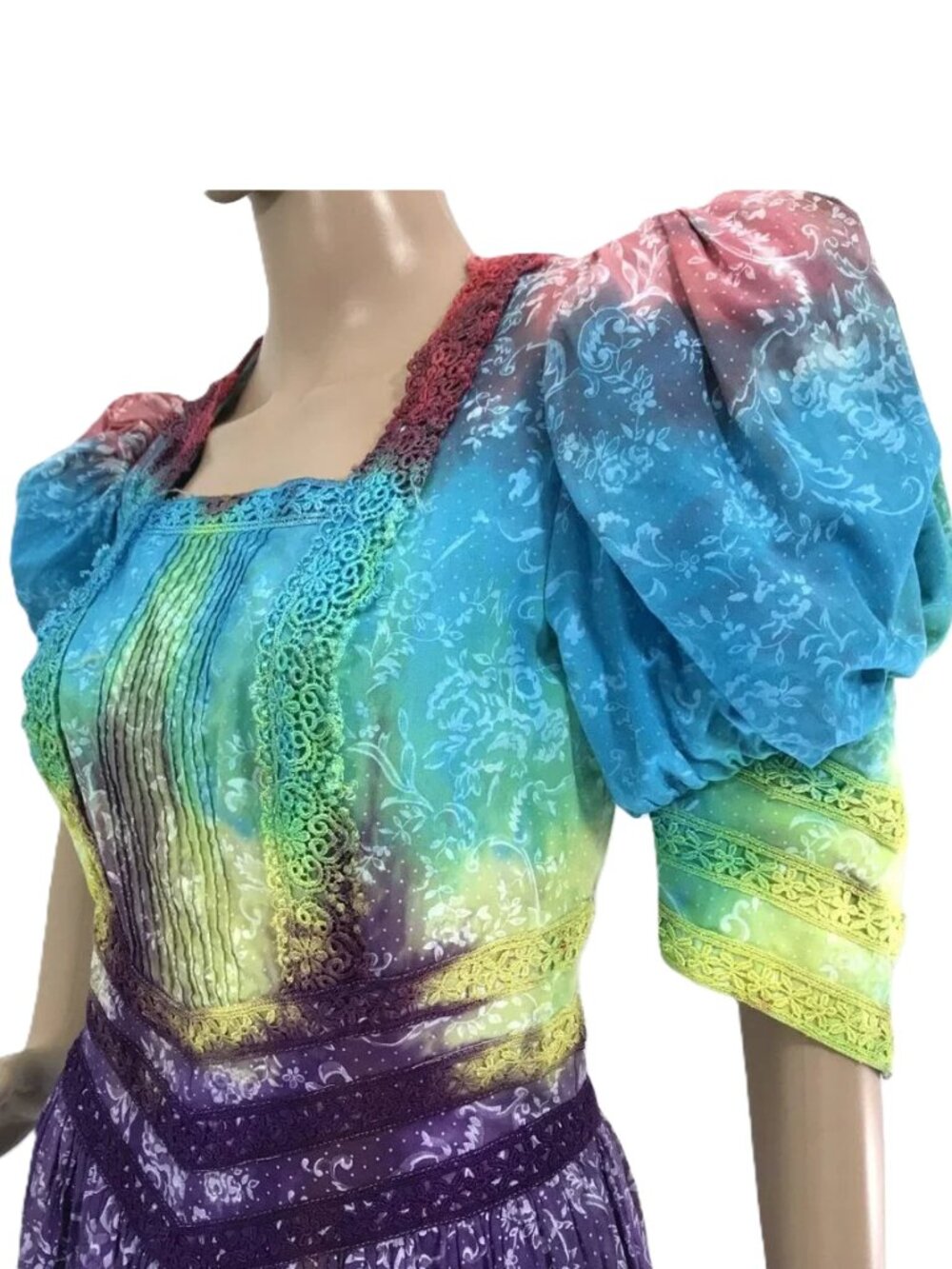 Vintage Puff Sleeve Floral Embroidered Dress Sz 8, 80s, 90s Y2K Scott McClintock